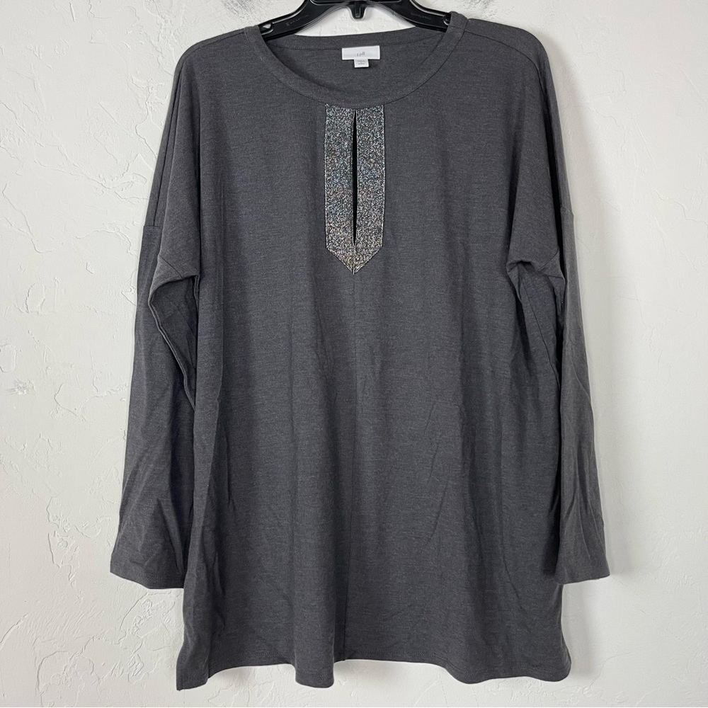 J Jill Shirt Sweater Tunic Top Solid Gray Shimmer Knit Pullover‎ Long Sleeve